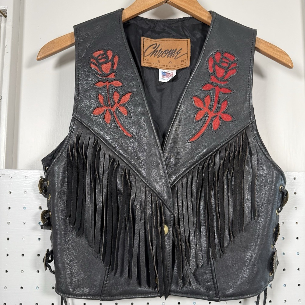 Chrome Gear Leather Vest Vintage‎ Size 10 Small Fringe Red Roses Made In USA